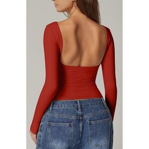 QINSEN Open Back Long‎ Sleeve Shirt Cherry Tomato Red Sculpting Slim Top Large